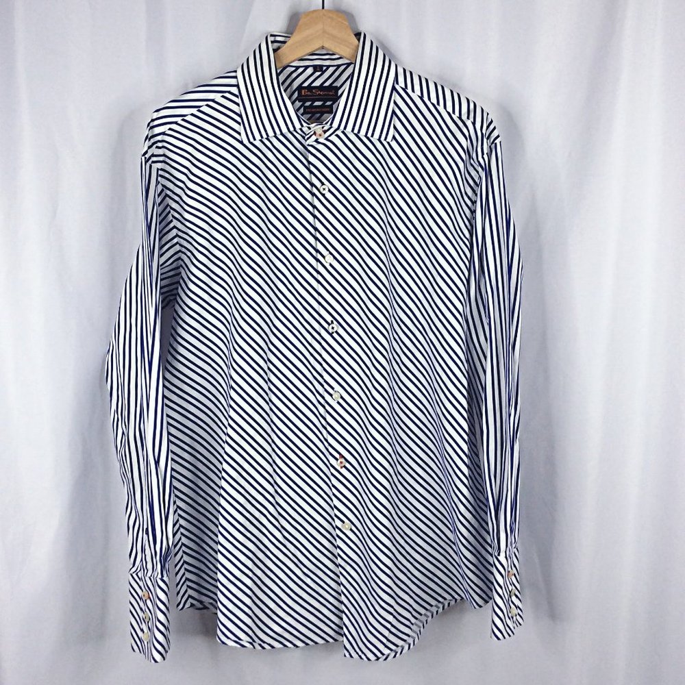 Ben Sherman Shirt Mens XL Royal Blue White Striped Button Down Premium Fabric
